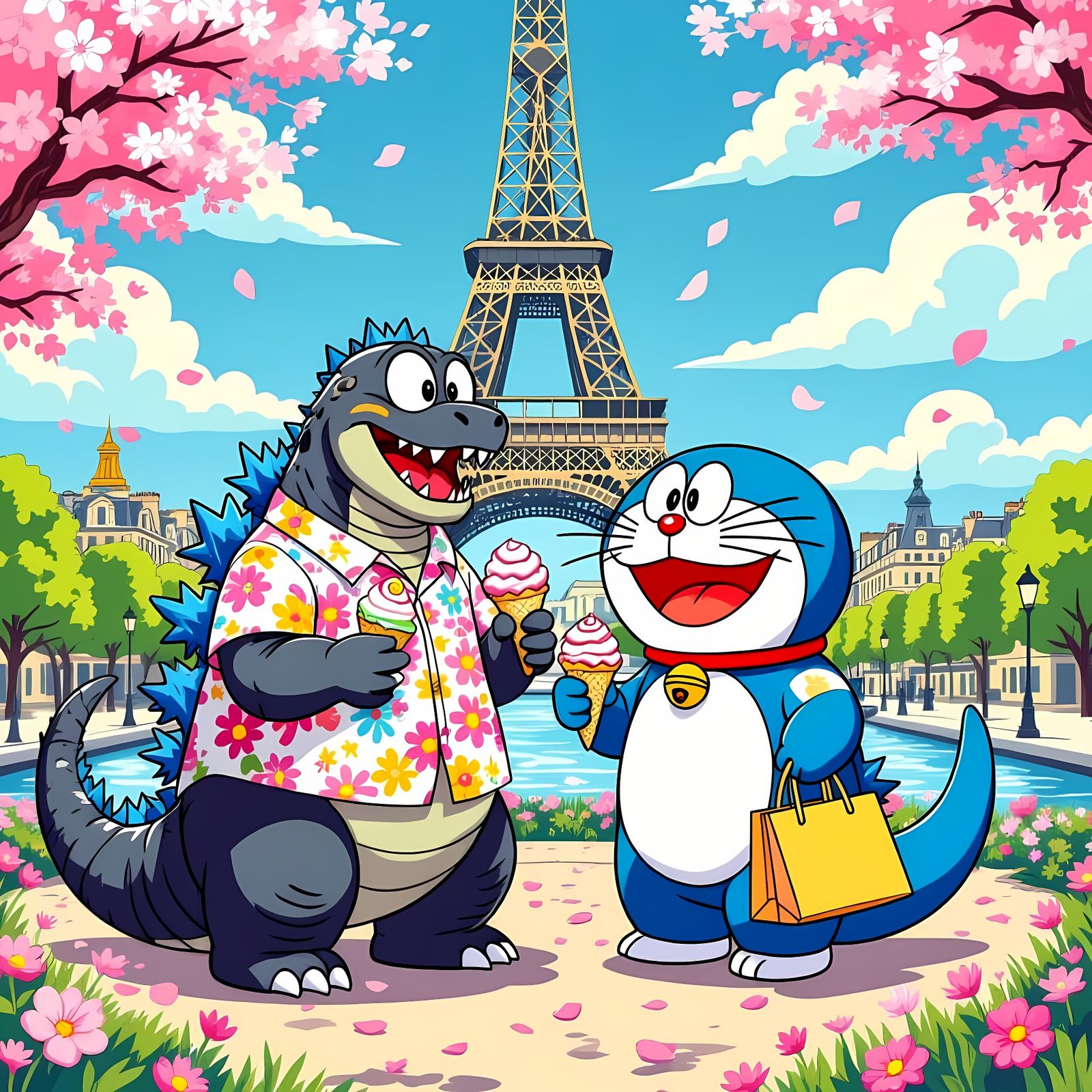 Godzilla and Doraemon enjoying holiday in Paris