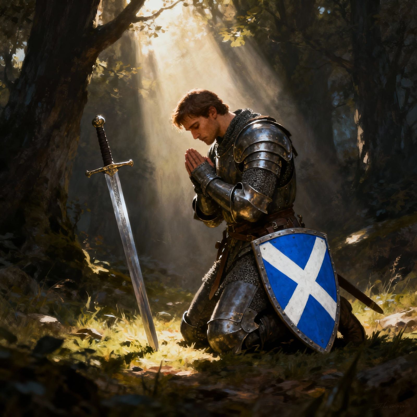 Armored Knight in Prayer with Sword and Shield