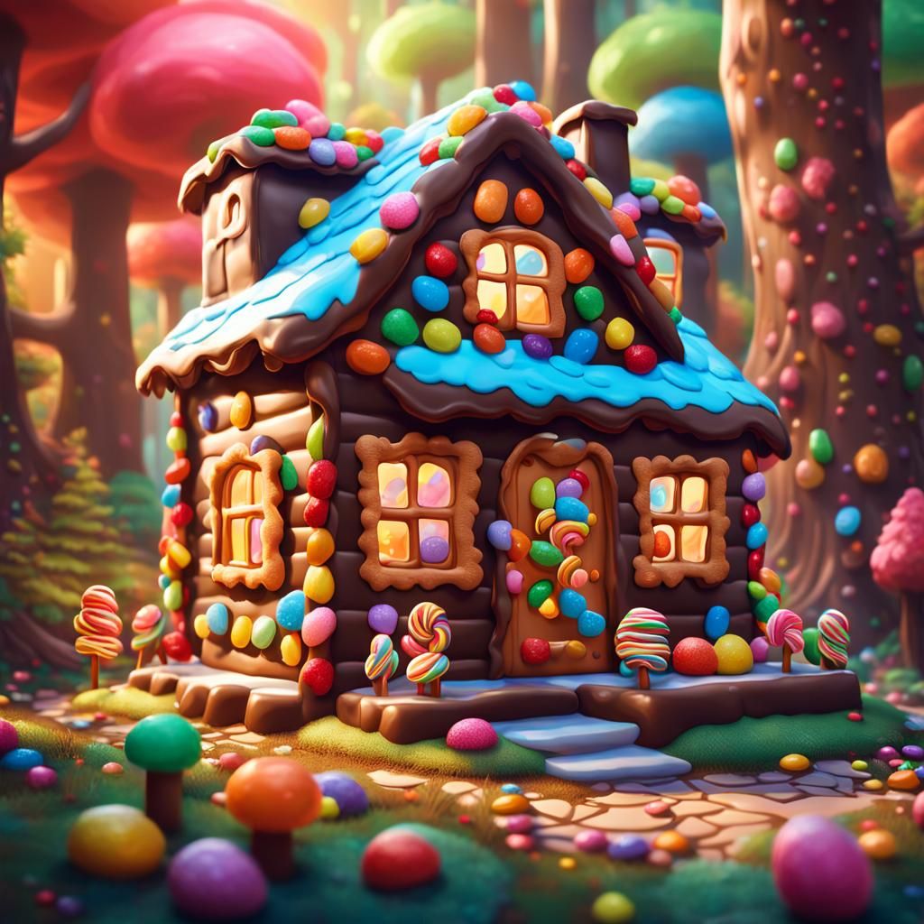 A cute two-storey chocolate house in the forest. The windows and main door are made of candy with colourful lollipop tr...