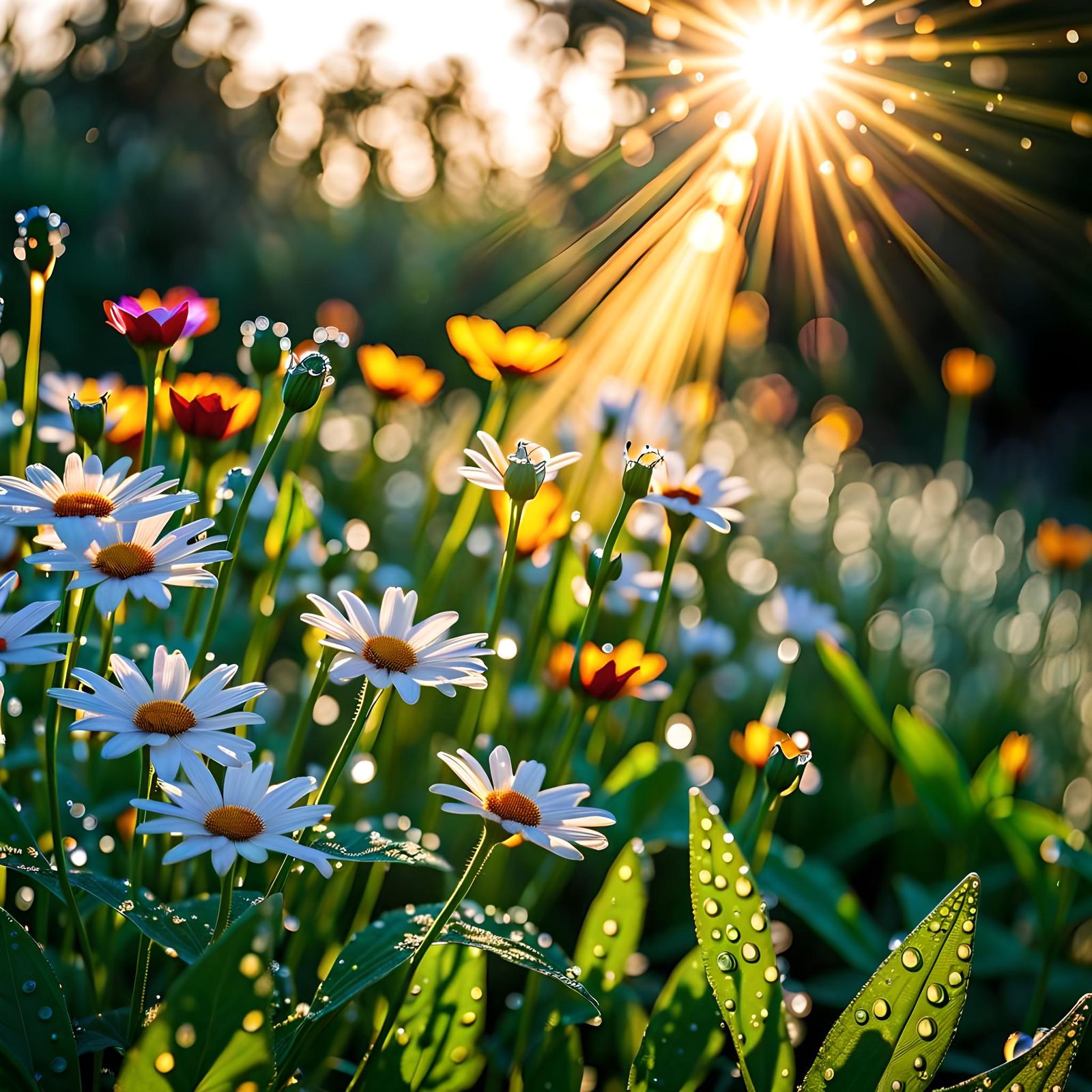 Dew Drops on Garden Flowers at Dawn