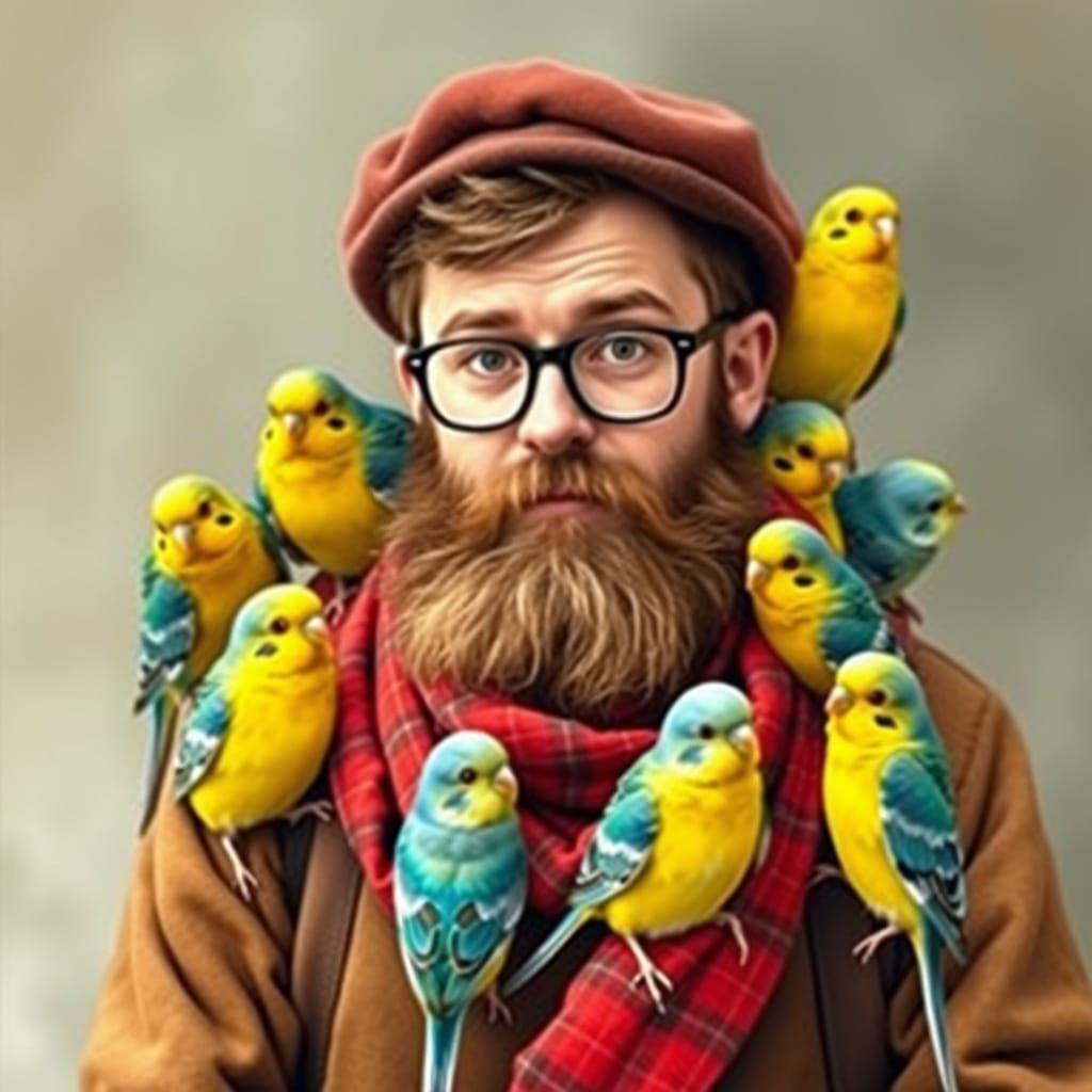 Man Covered in Budgies in Whimsical Illustration