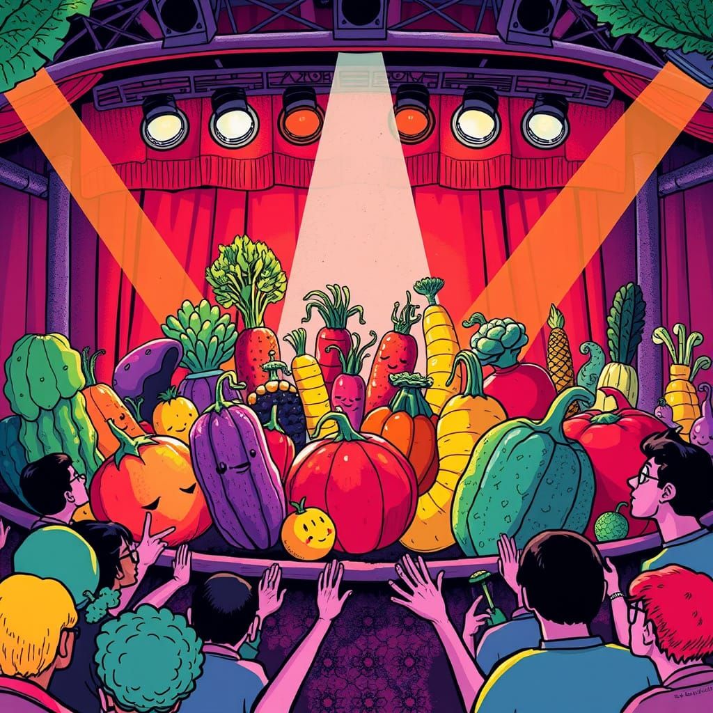 Vegetables Perform on Stage: Whimsical Illustration