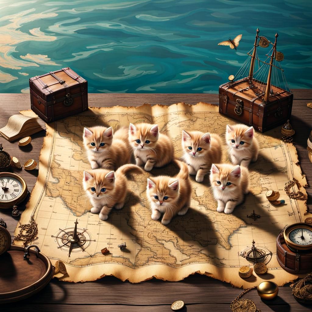 Kittens Discover Treasure Map by Lake