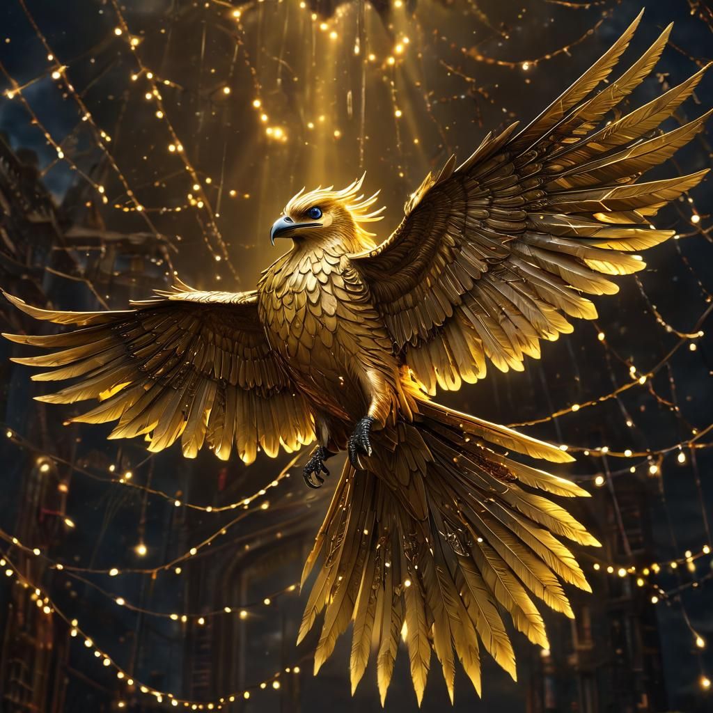 Golden Thunderbird in Flight with Electricity Effects