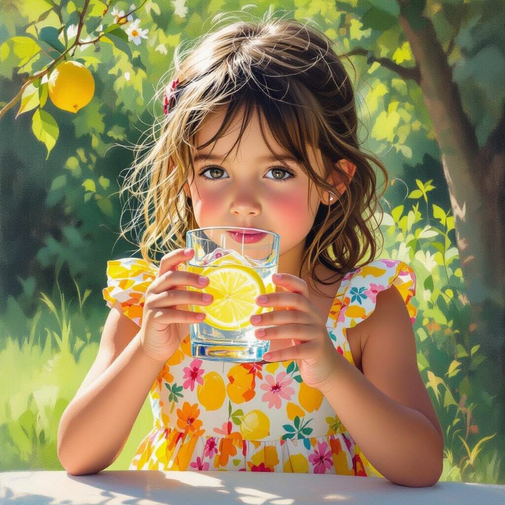 Girl Sipping Lemon Water in Vibrant Outdoor Scene