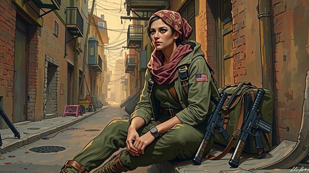 Warrior Woman in Golden Hour, Postapocalyptic Alleyway