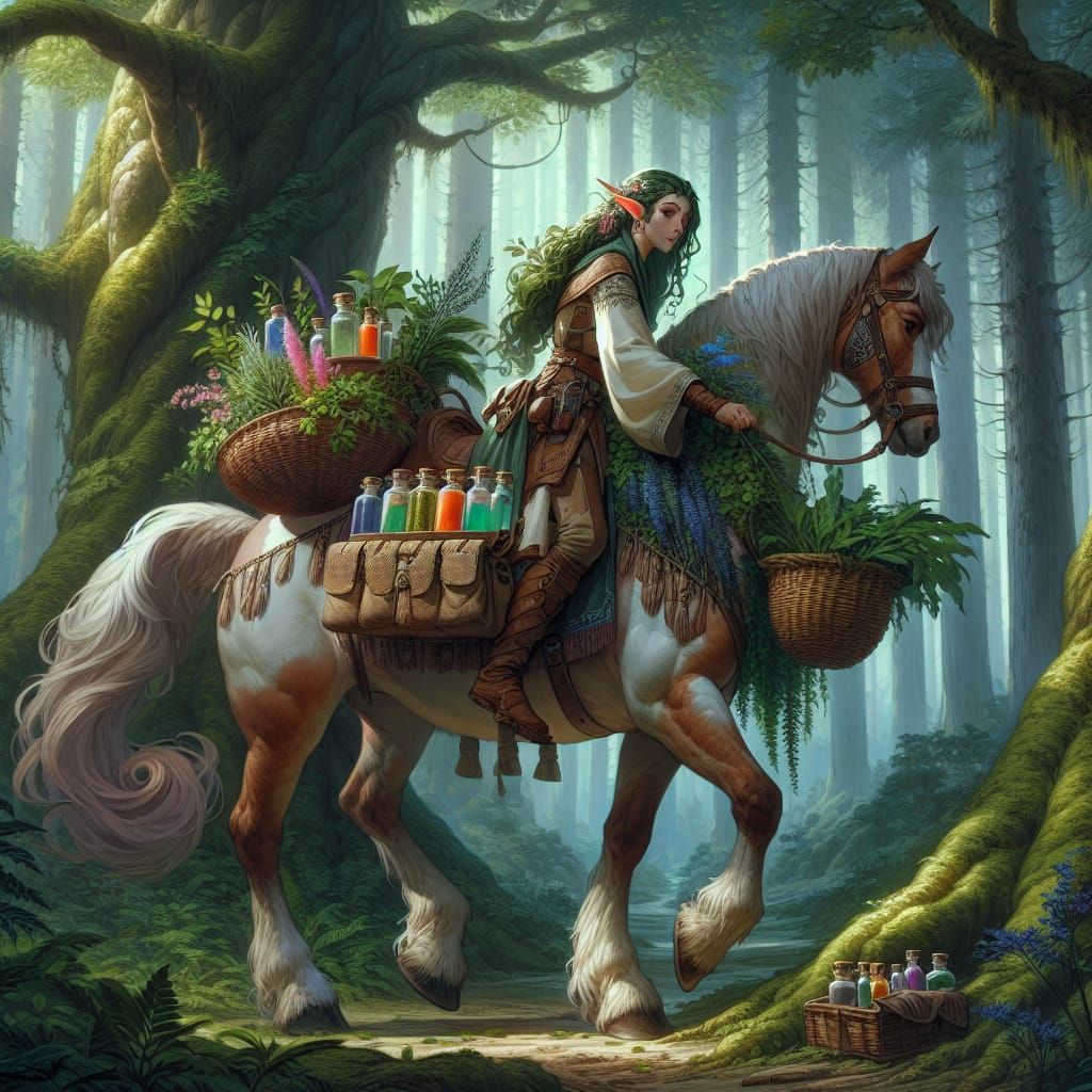 Centaur Herbalist Gathering Healing Plants in Ancient Forest