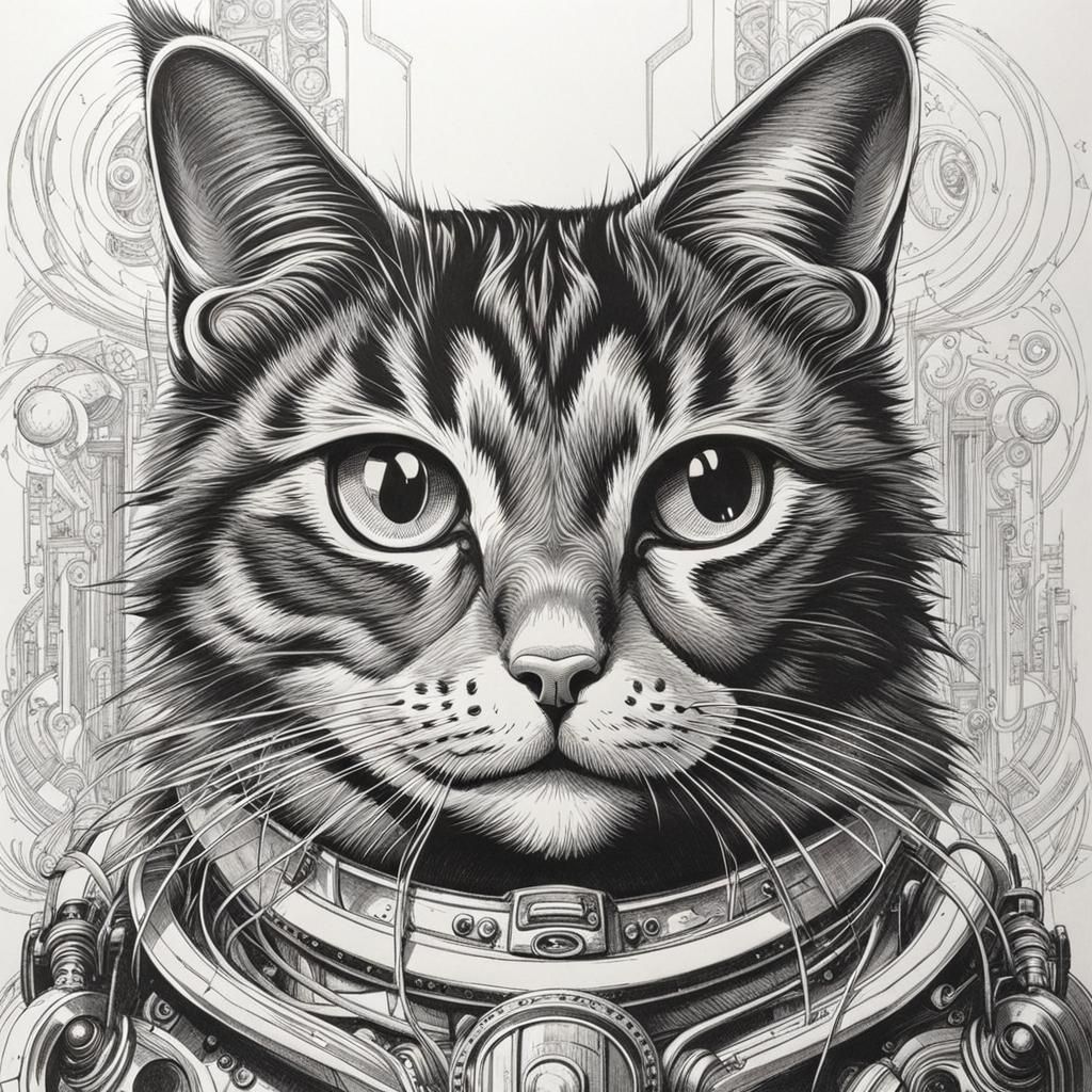 Intricate B&W Cat Sketch in Surreal Comic Style