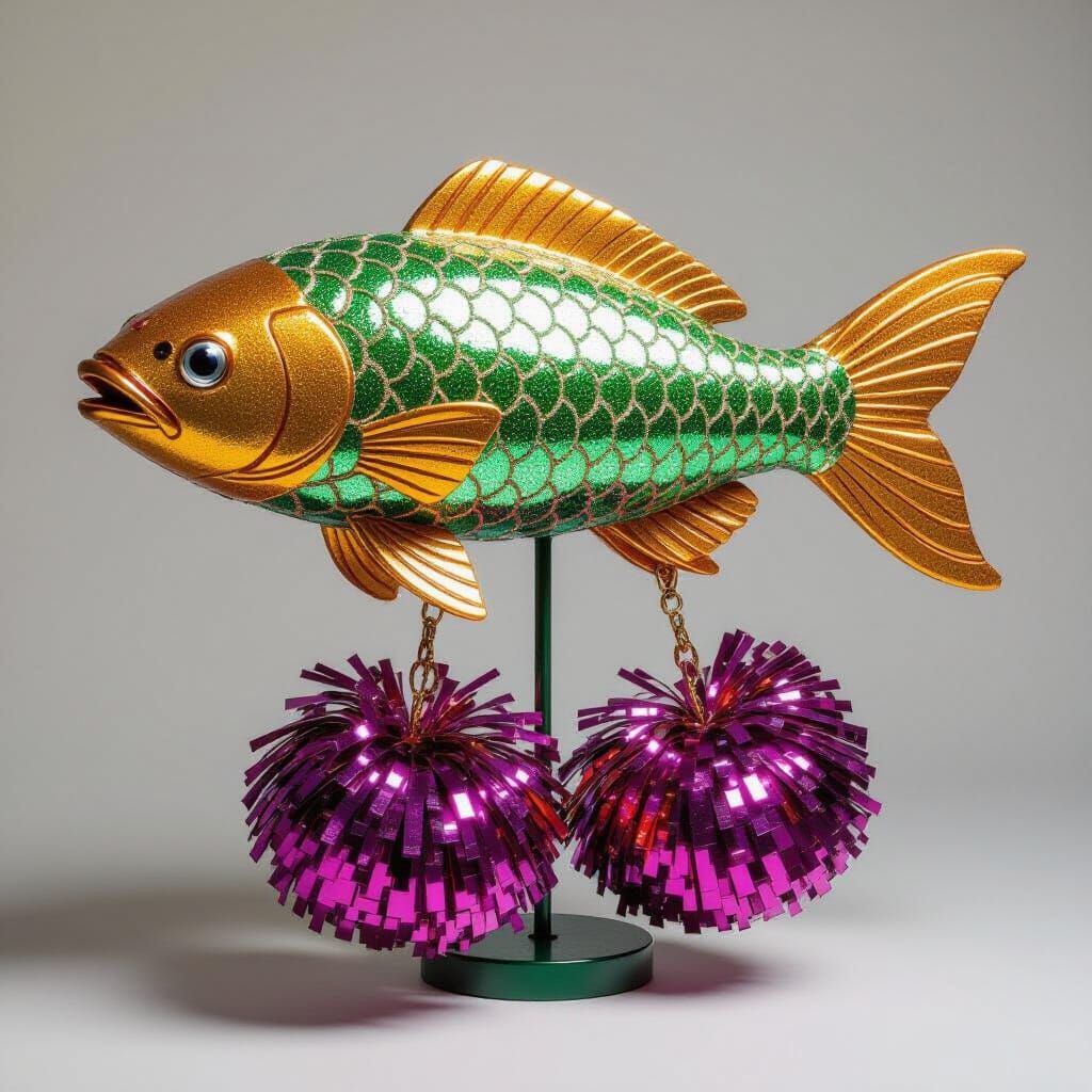 Glittery metallic cheerleader pom poms sculpture in the shap...