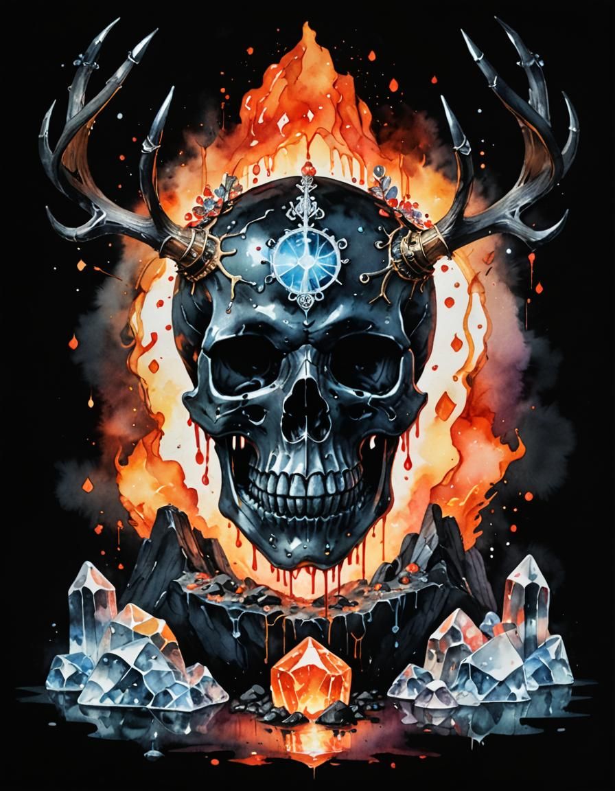 Watercolor Skull with Antlers, Magma, and Runes