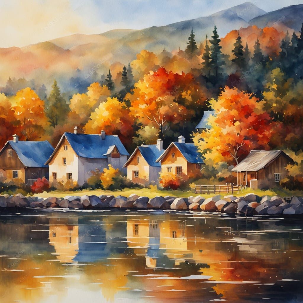 Impressionist Watercolor Village Amidst Misty Mountains