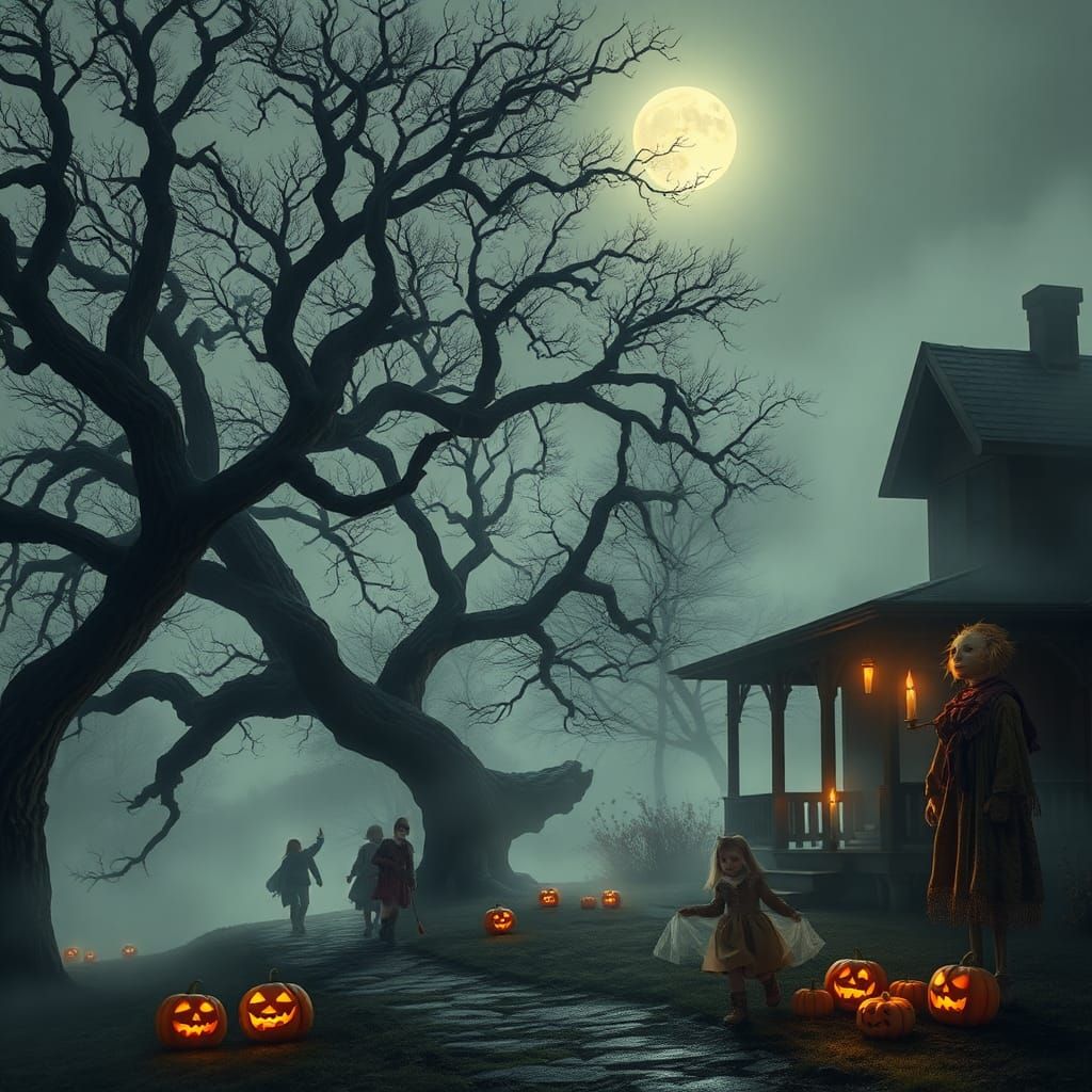 Eerie Halloween Night: Twisted Trees and Ghostly Shadows