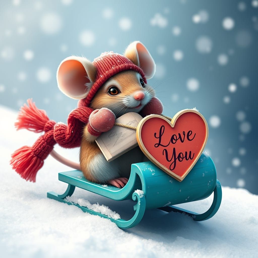 Whimsical Winter Wonderland Scene with Mouse and Heart-Shape...
