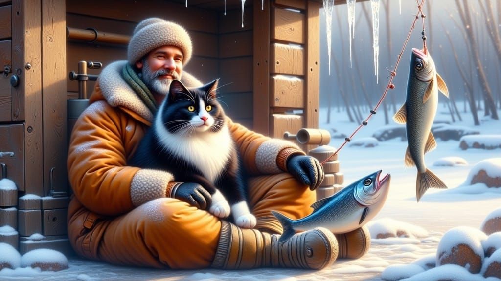Cozy Ice Fishing with a Tuxedo Cat
