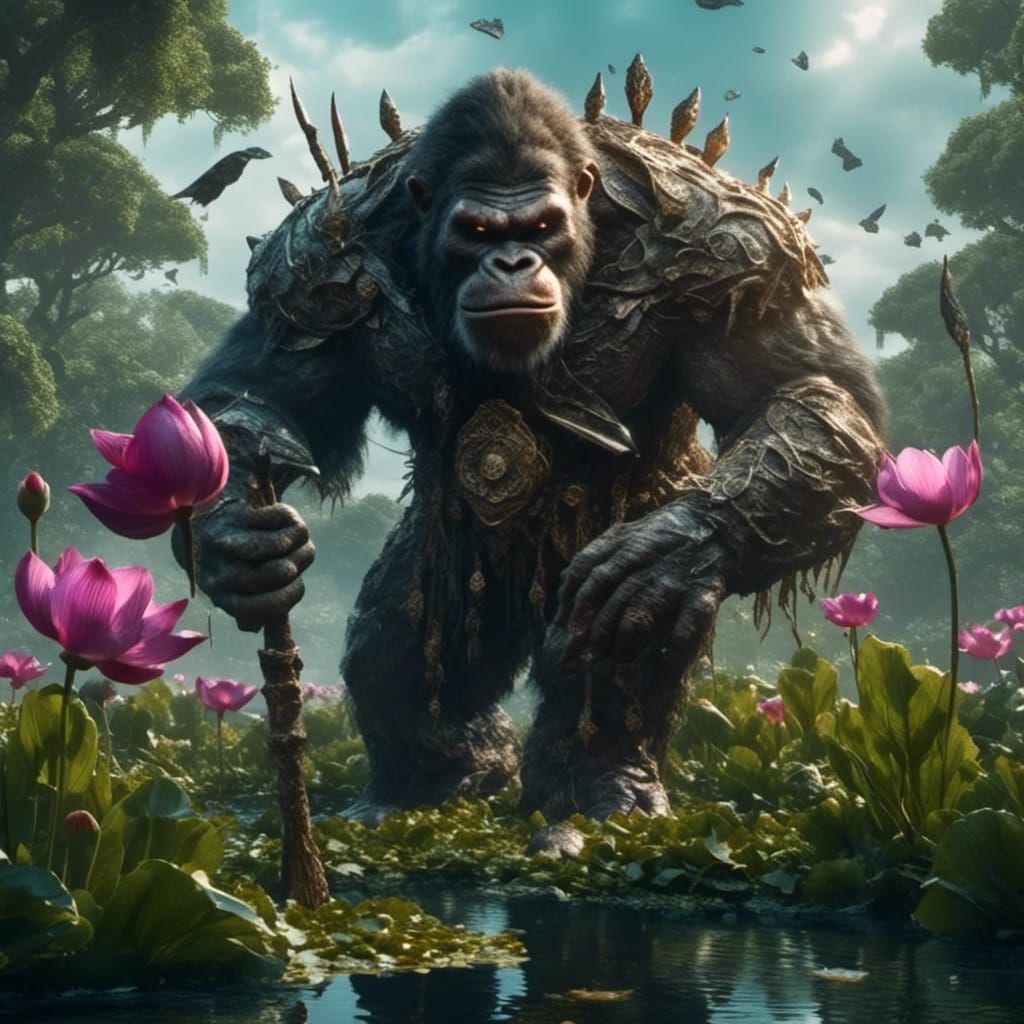 Ape-Humanoid Hybrid in Lotus Field, Dark Fantasy Art