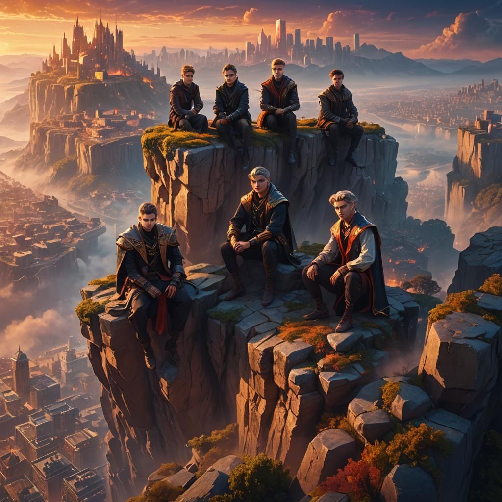 Ateez Group Portrait Over Dreamlike Cityscape