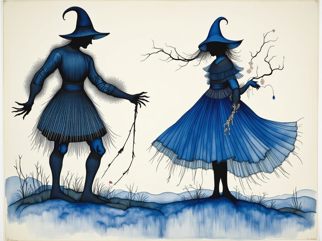 Surreal Blue Ink Drawing of Enchanted Shadows