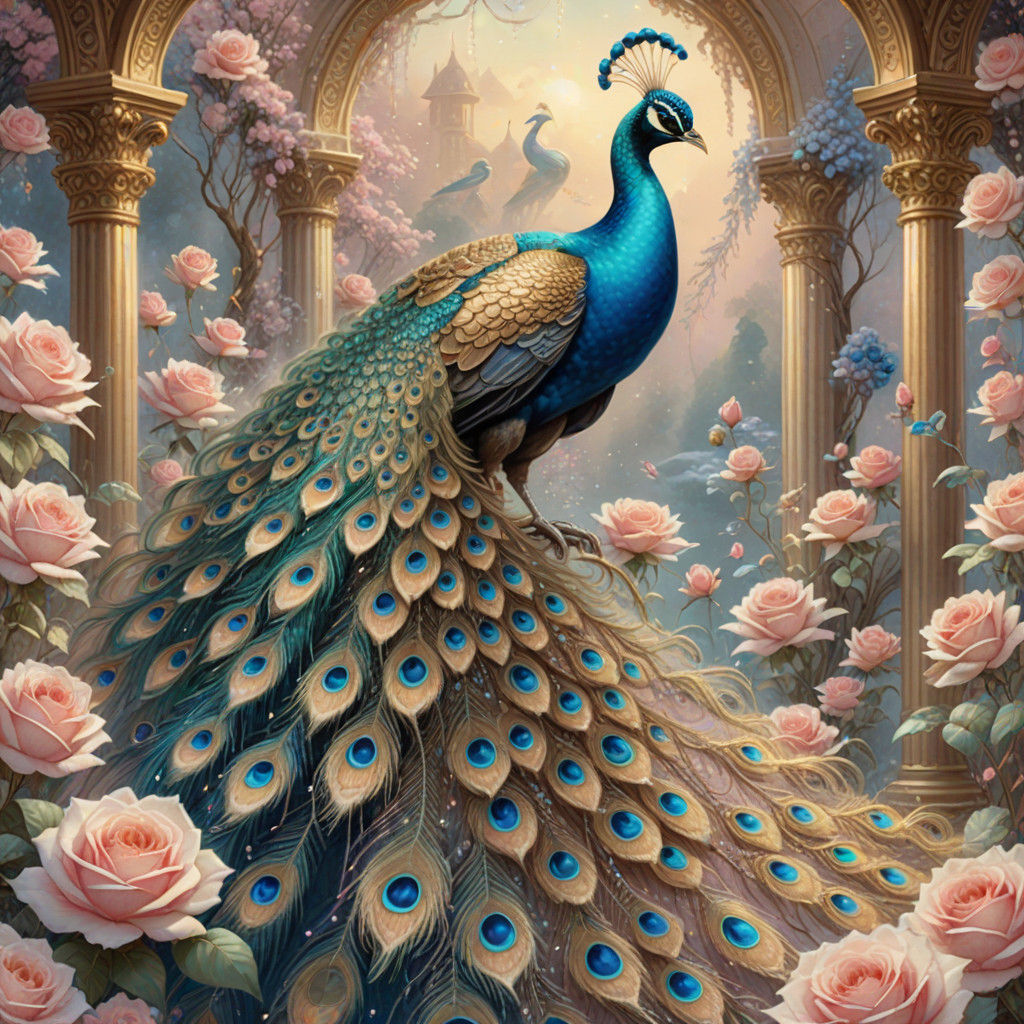 Golden Peacock in Whimsical Garden