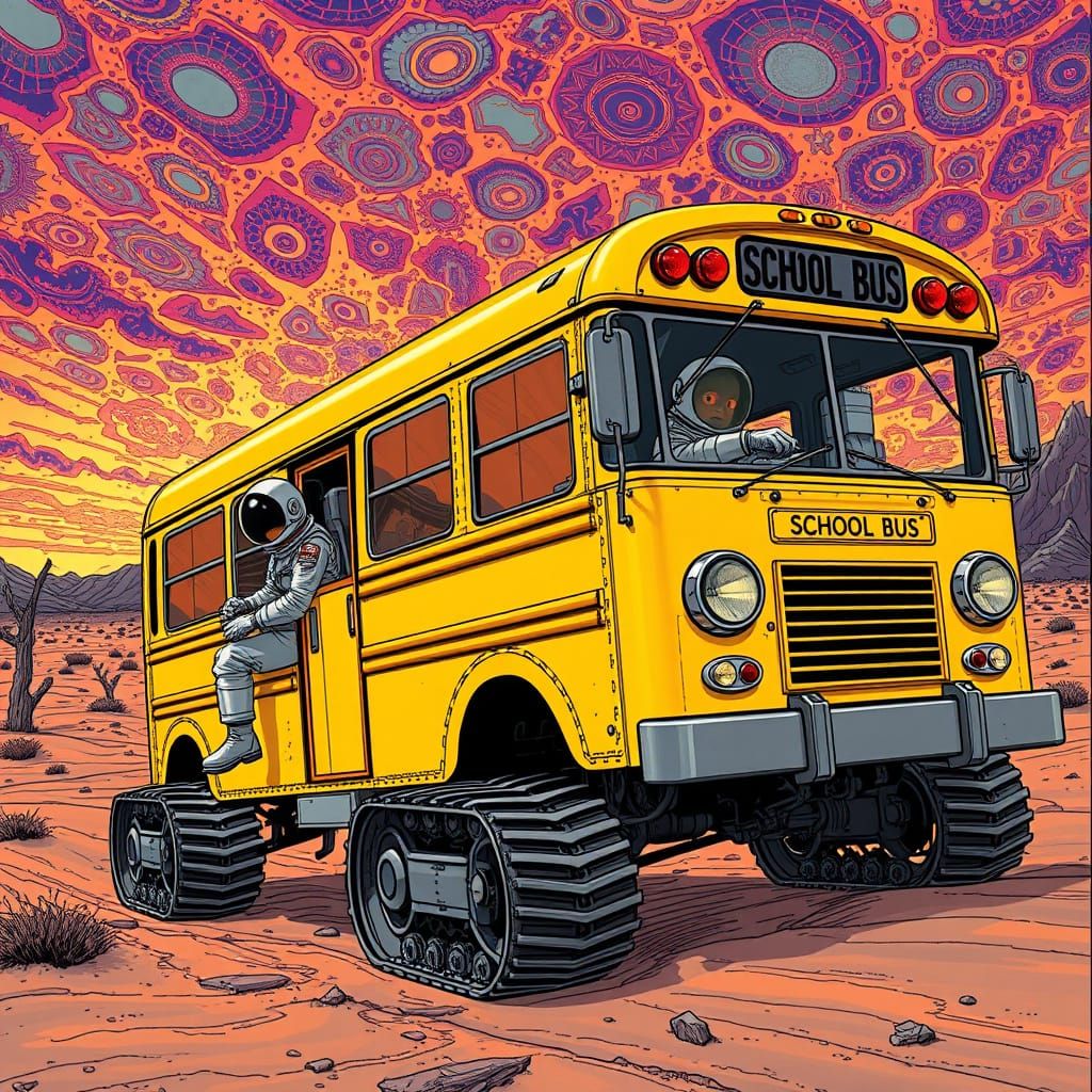 Astronauts in Metallic Suits Drive Yellow School Bus Across ...
