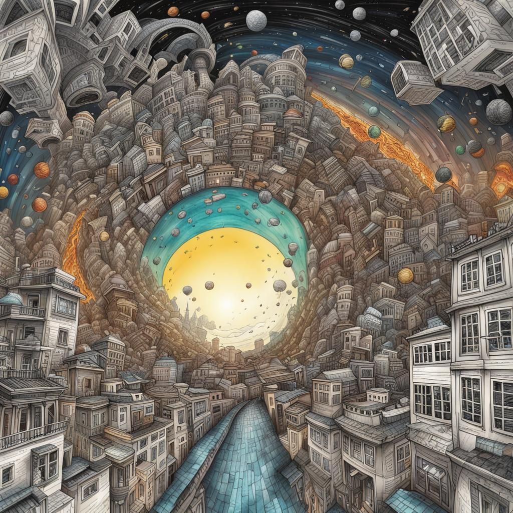 City Swallowed by Black Hole: Ink Drawing