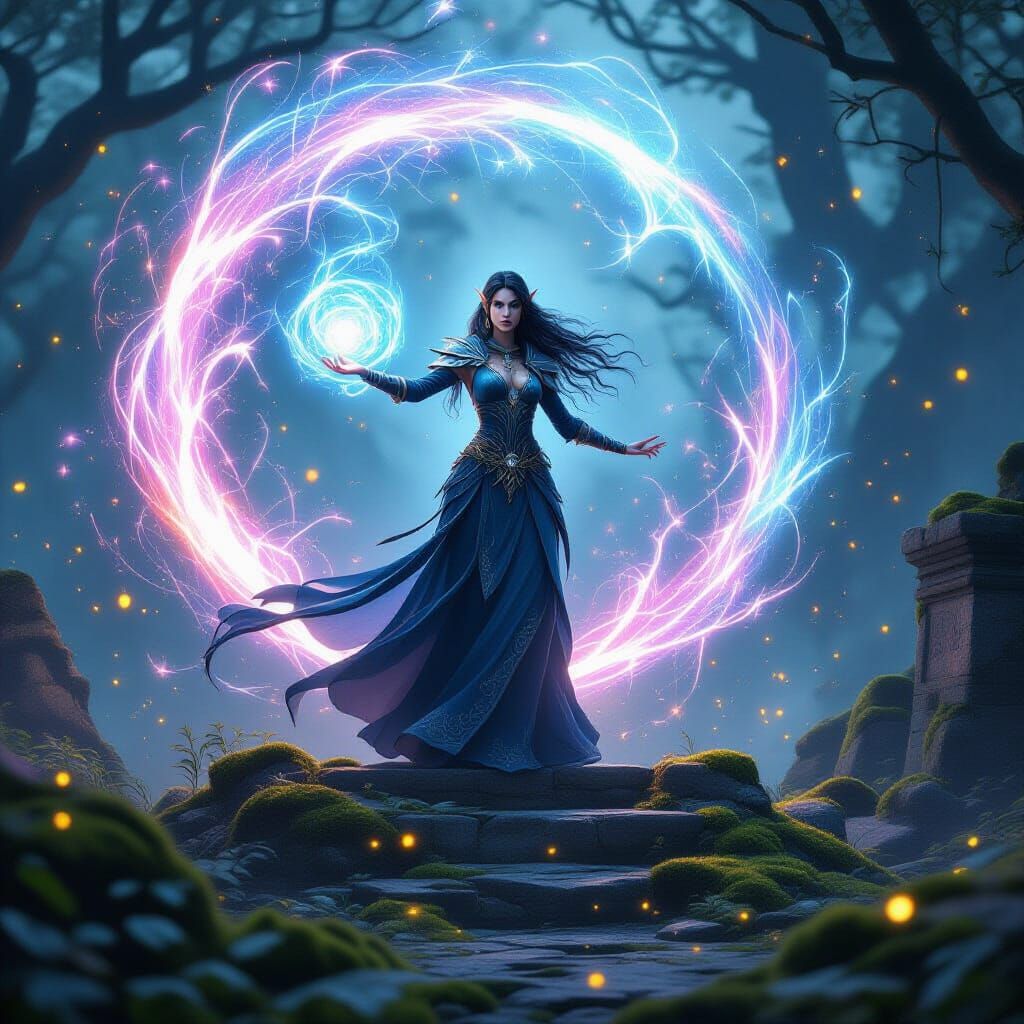 Mystical Elven Sorceress Conjuring Energy in Twilight Forest