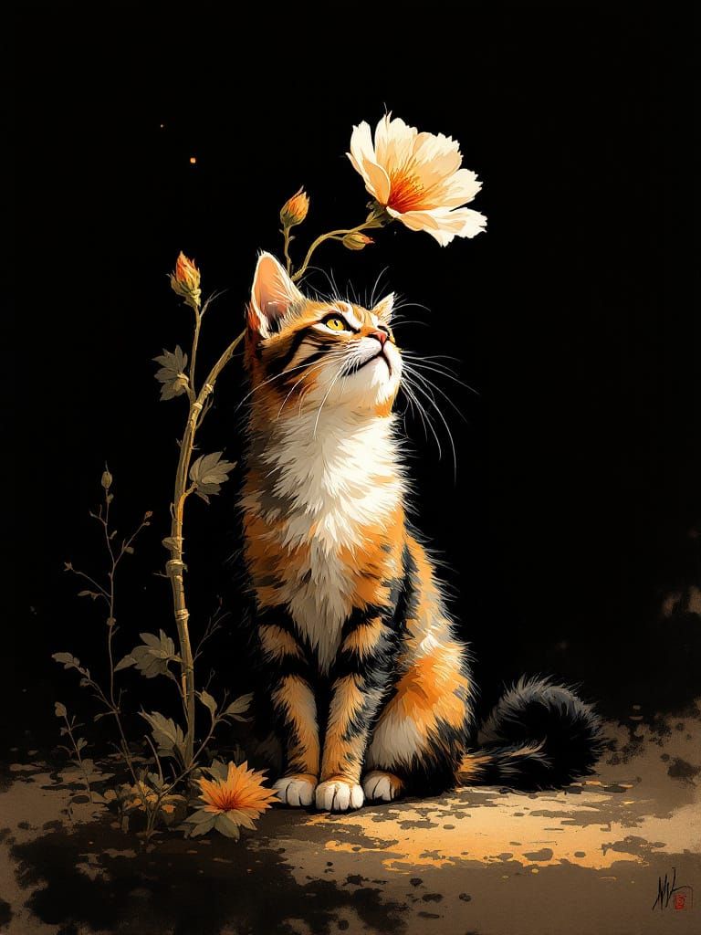 Adorable Cat in Amber Light, Folk Art Style