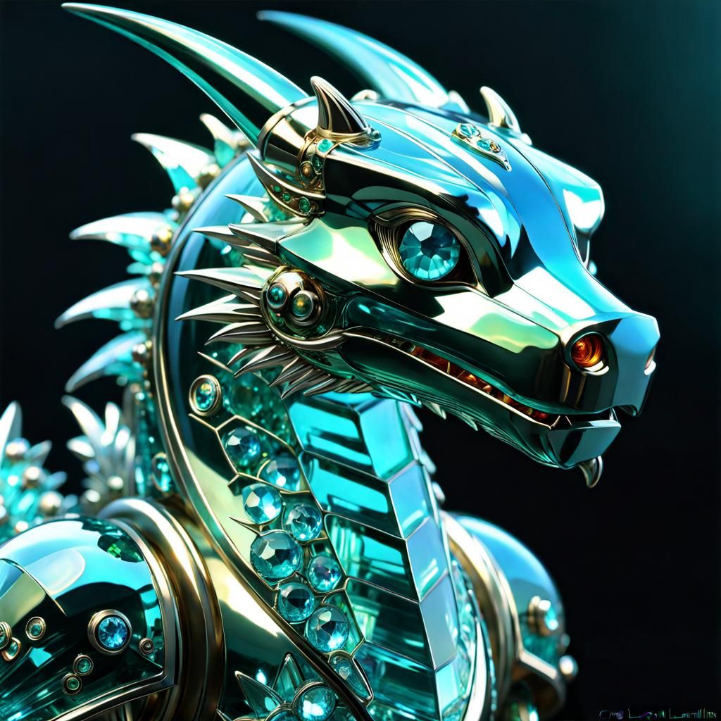 Aquamarine Crystal Robot Dragon Portrait in Anime Style
