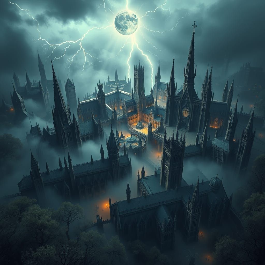 Gothic City Bird's Eye View in Cinematic Style