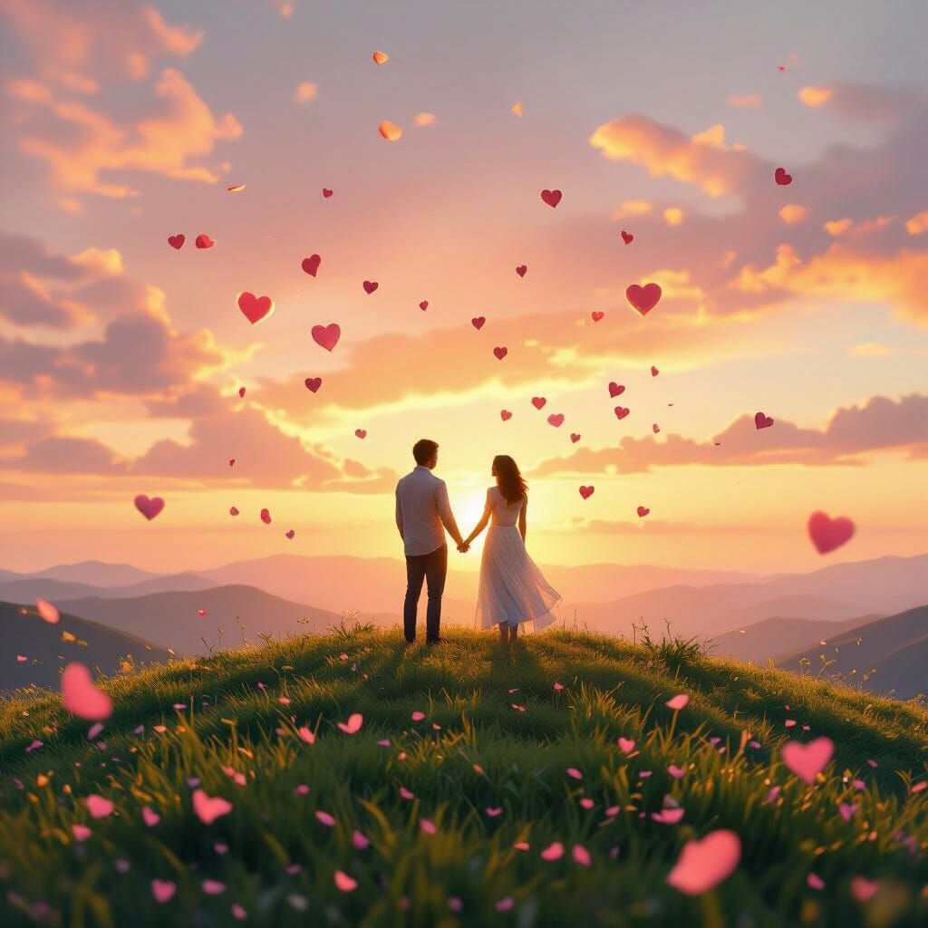 Romantic Sunset: Couple Holding Hands with Hearts