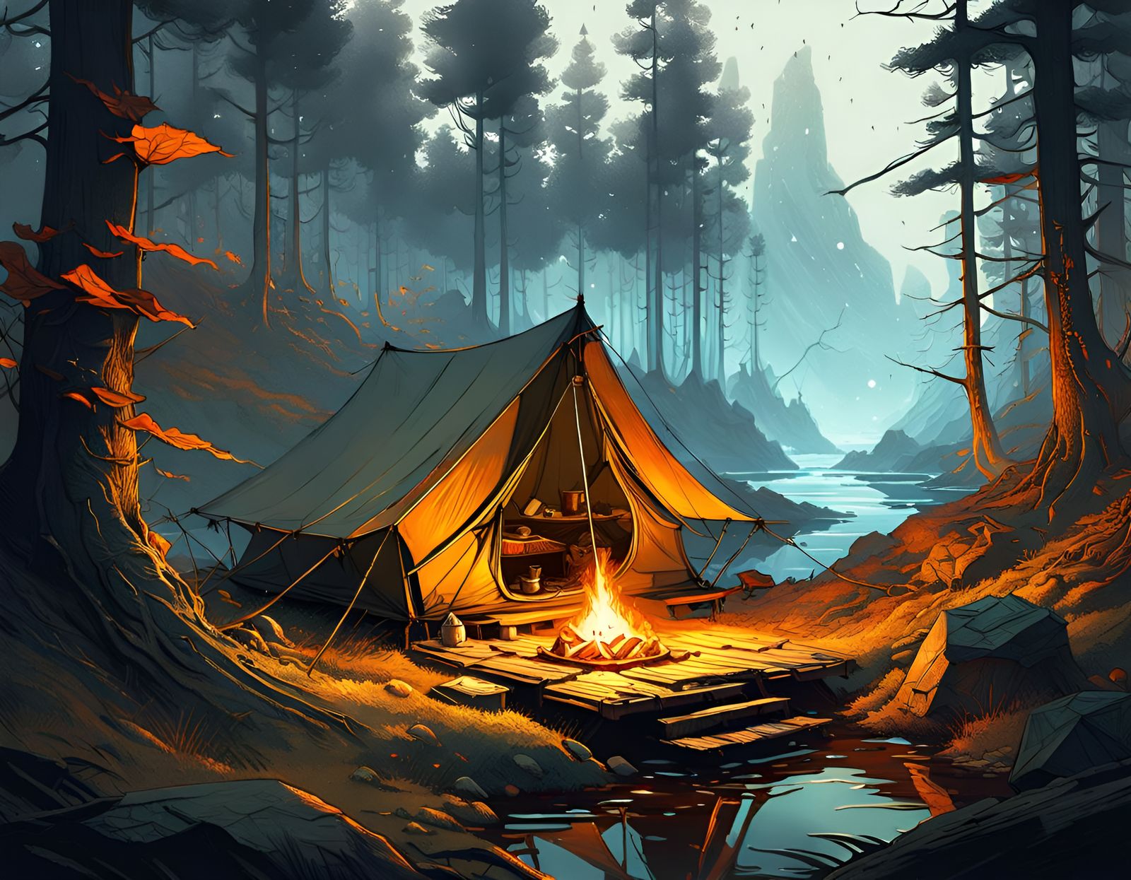Cozy Campsite with Metal Flowers, Detailed Digital Art