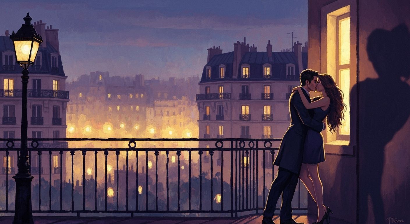 Lovers Embrace on Parisian Balcony in Twilight