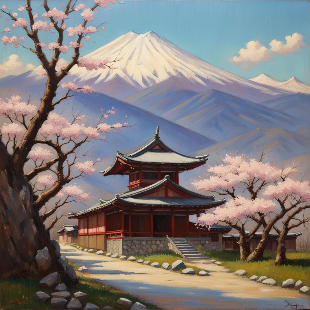Vintage Japanese Landscape with Cherry Blossoms
