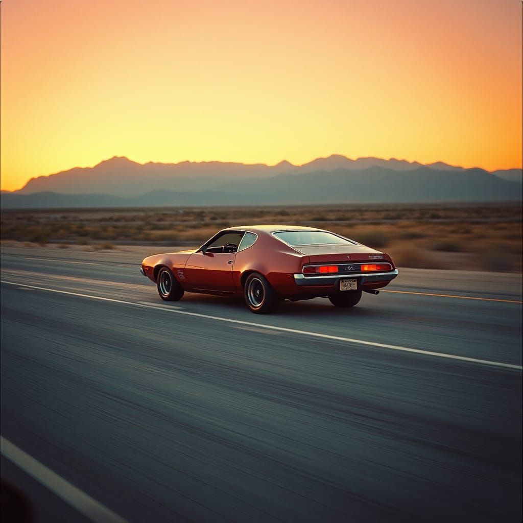 Vibrant 1972 AMC Javelin Speeds Down Deserted Highway at Dus...