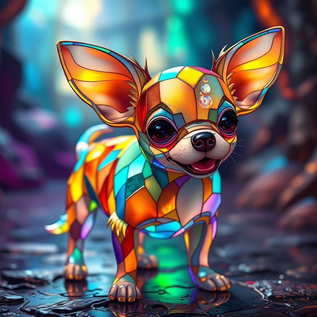 Whimsical Crystal Chihuahua Standing in a Fantastical World