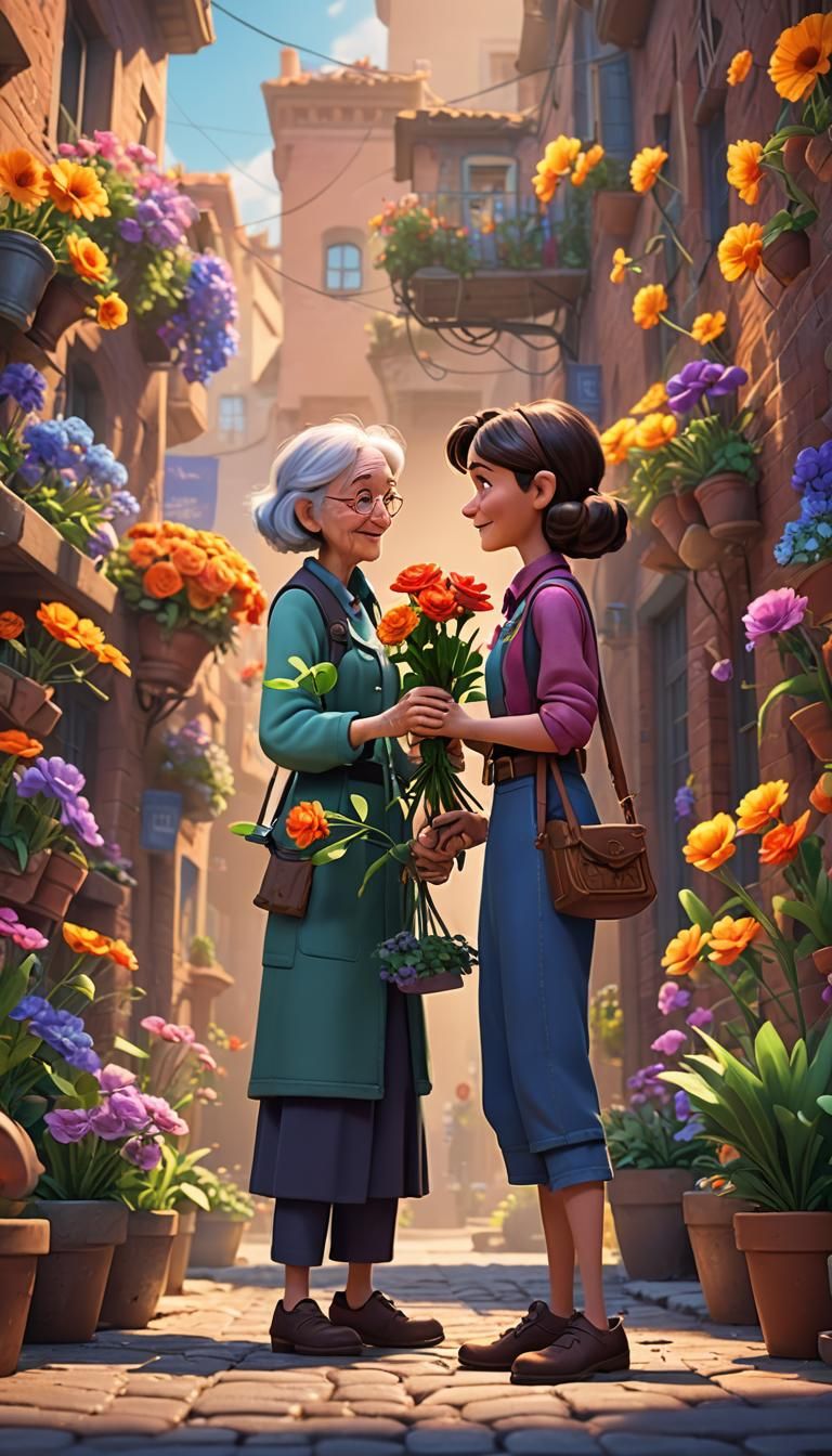 Heartwarming Scene of Kindness in 3D Digital Art