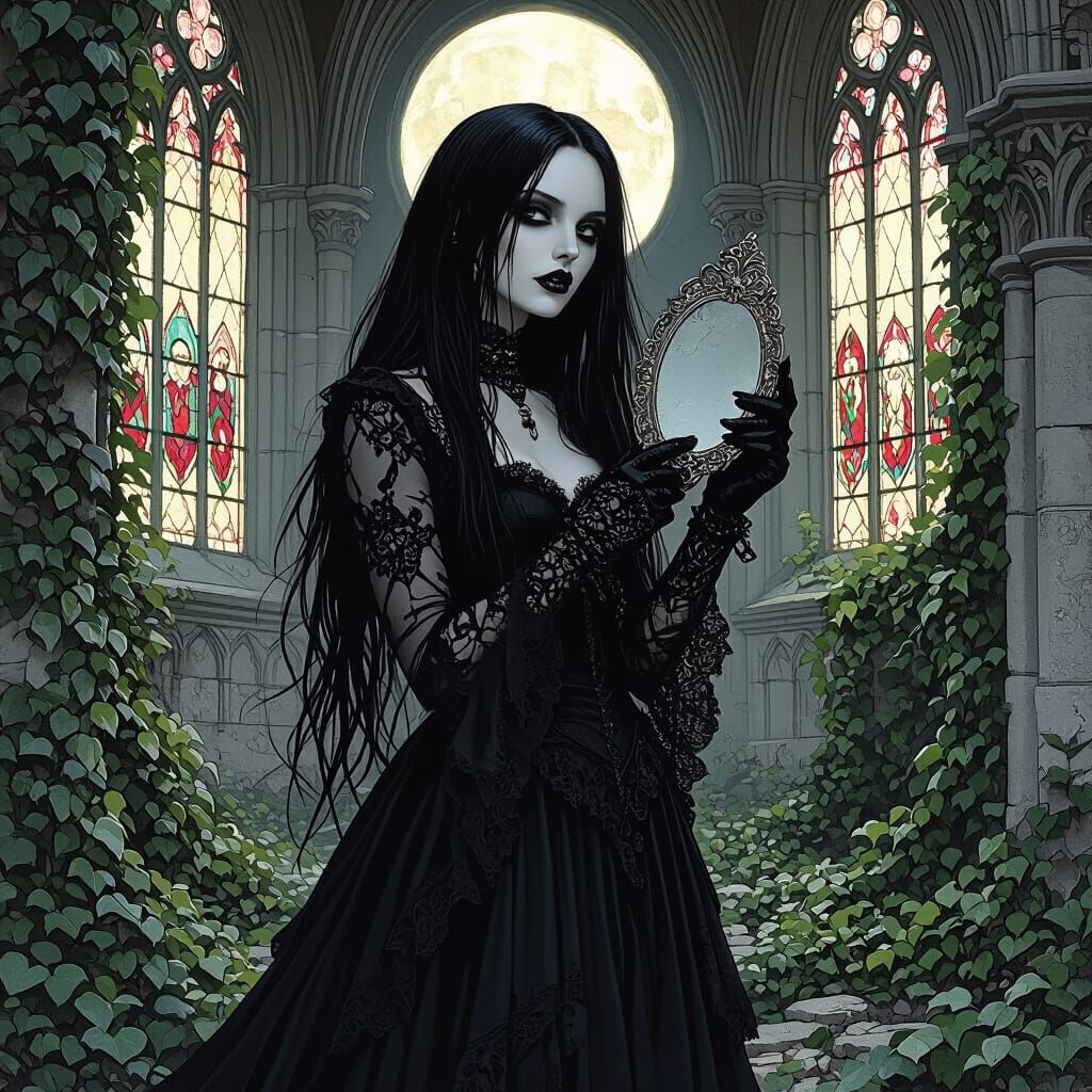 Gothic Woman in Ruined Cathedral Under Moonlight