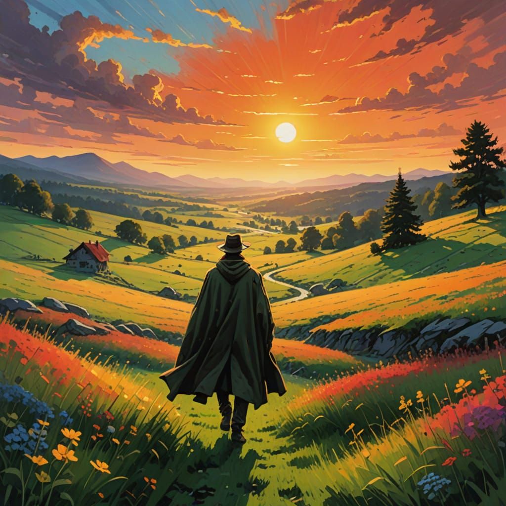 Mystical Wanderer in a Vibrant Sunset Landscape