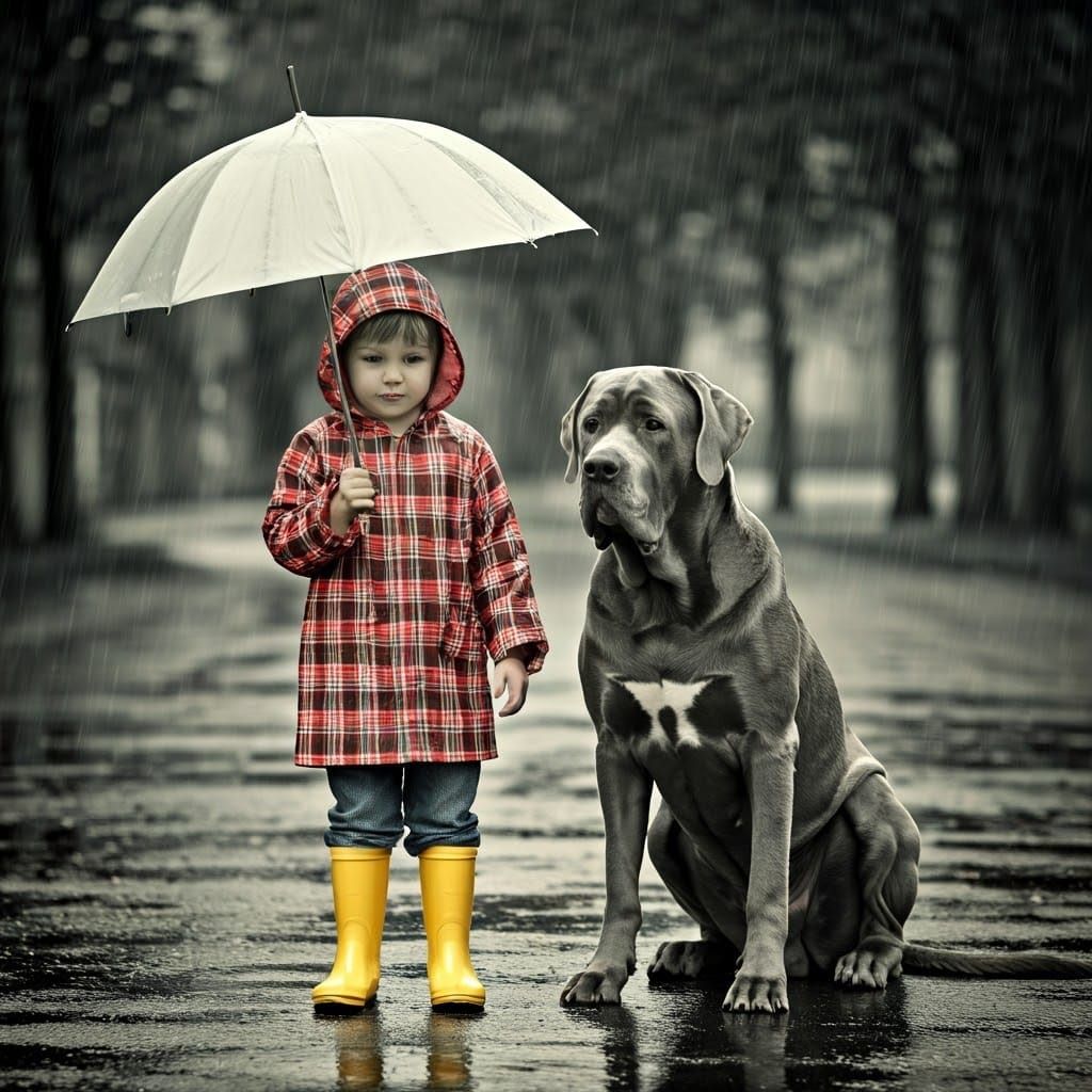 Child and Dog Share Umbrella on Rainy Day in Classic Photogr...