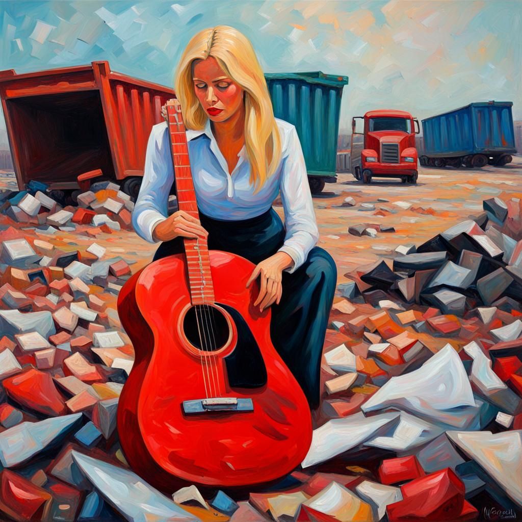 Businesswoman Finds Guitar: Expressionist Oil Painting