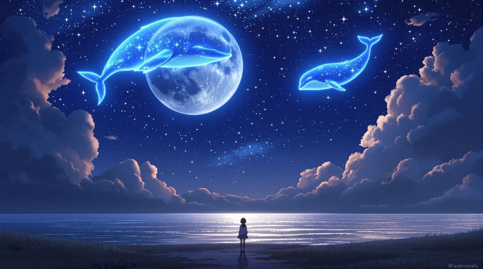 Whimsical Anime Scene of Oversized Moon, Glowing Whales, and...