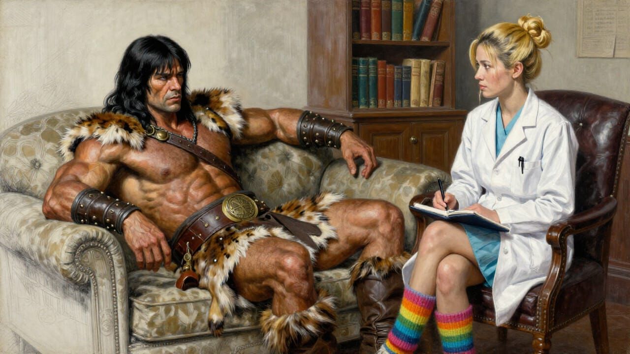 Surrealist Conan Portrait as Oil Painting and Pencil Sketch