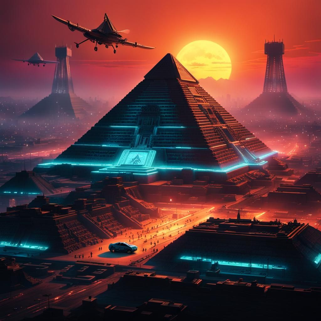 Cyberpunk Pyramid Sunset in Neon Noir Style