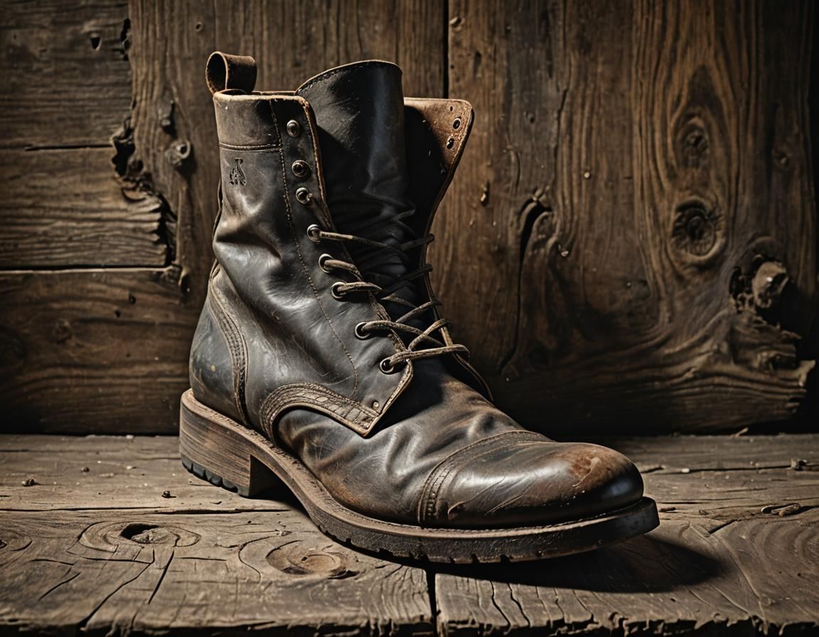 Worn Boot Portrait on Wood in Photorealistic Style