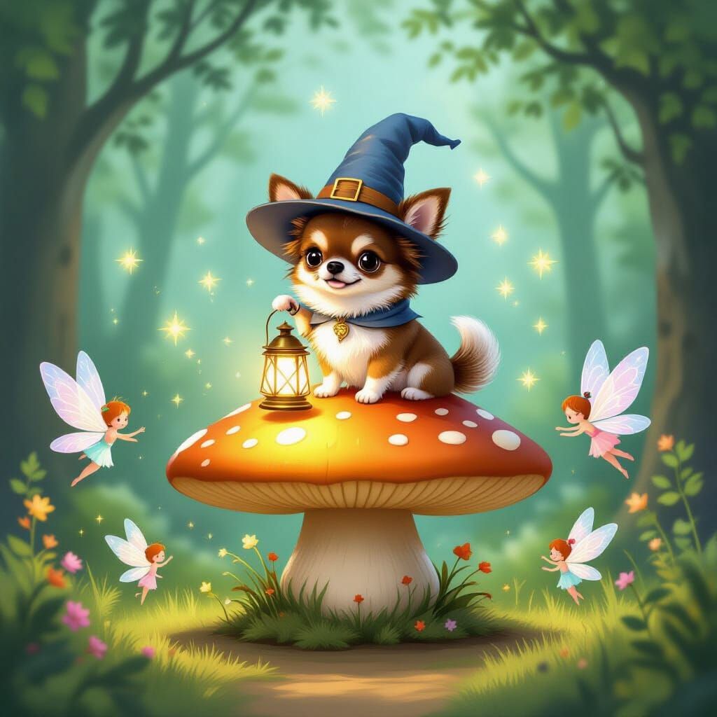 Chihuahua Wizard on Glowing Mushroom in Enchanted Forest