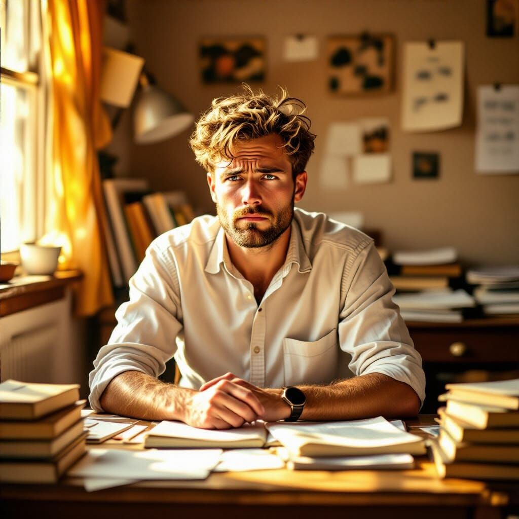 Determined Student Studying Maths at Cluttered Desk
