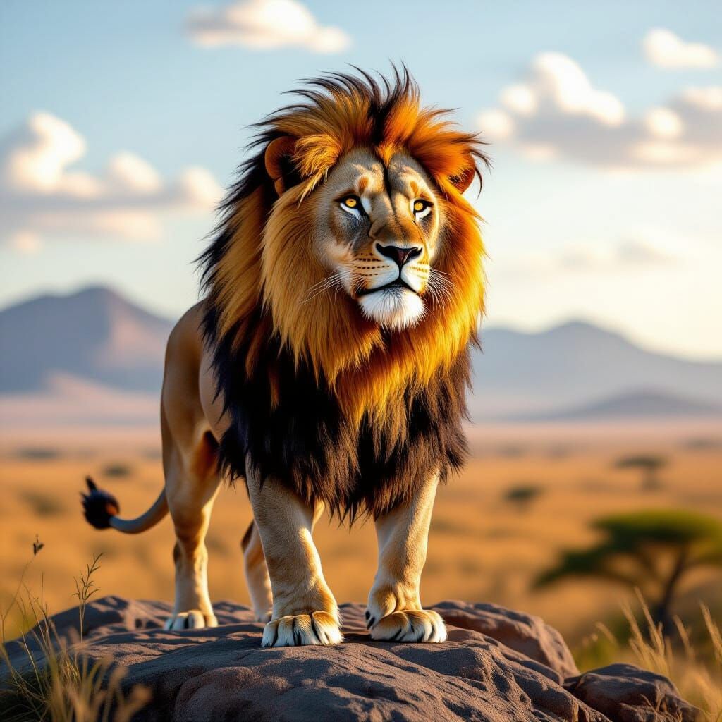 Majestic Lion Overlooking African Savanna in Hyperrealism