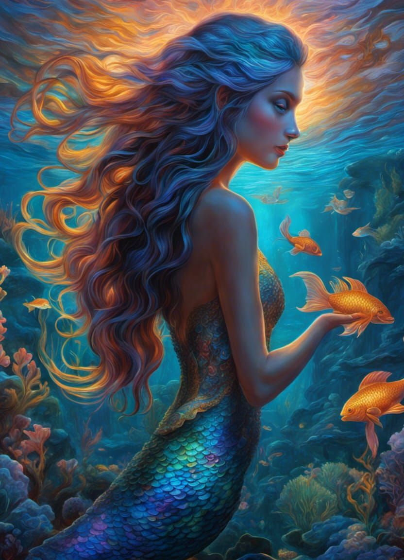 Iridescent Mermaids in Digital Oil Painting