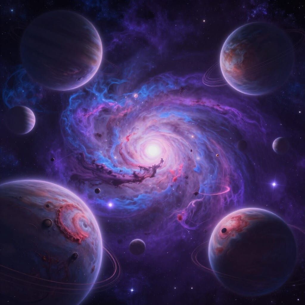 Cosmic Vista of Planets in Violet Sky