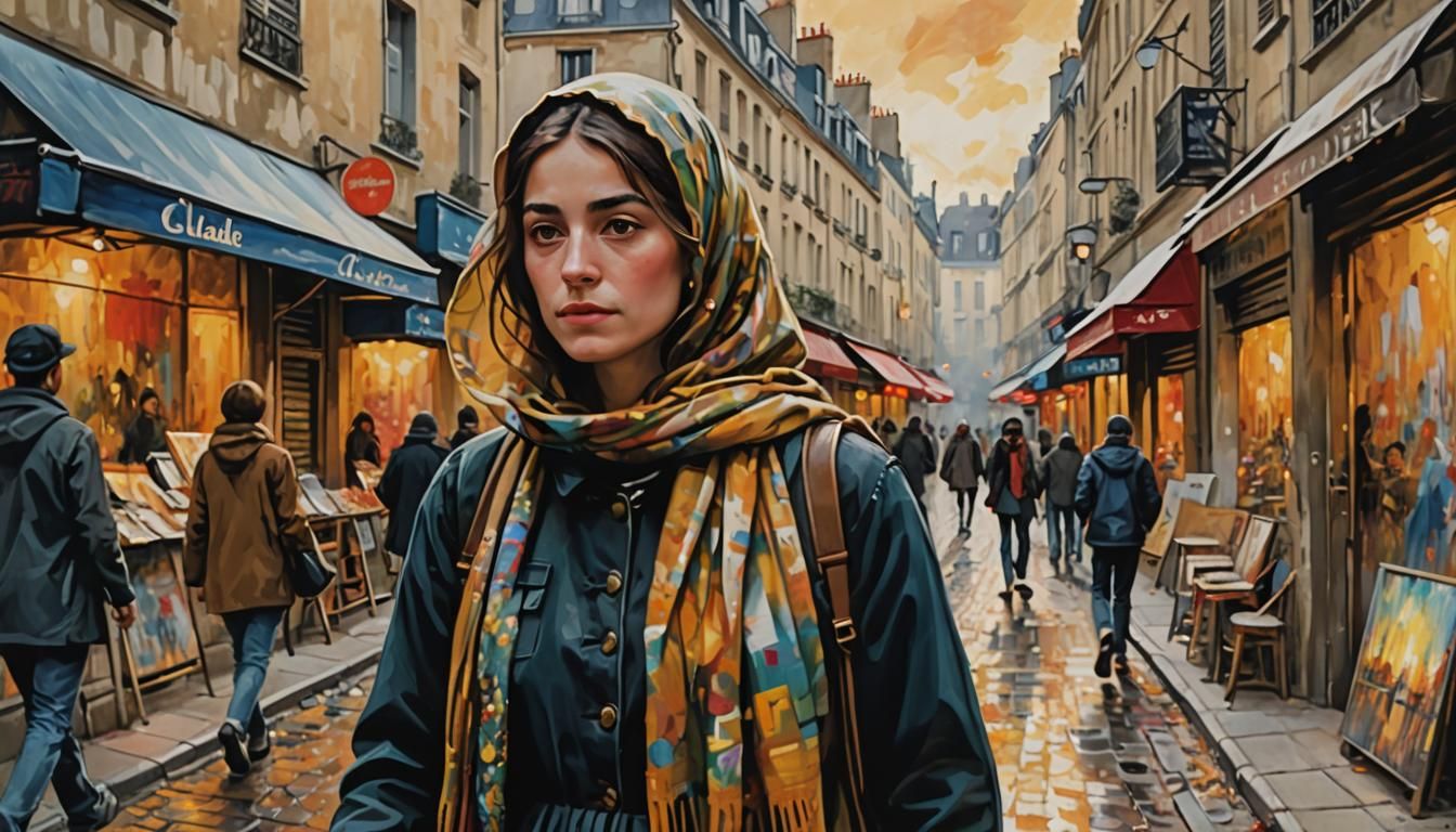 Impressionist Woman Strolls Parisian Street: Oil Painting