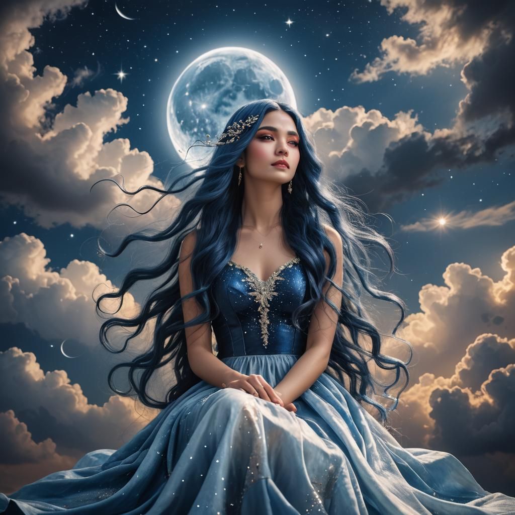 Girl on Crescent Moon with Blue Hair